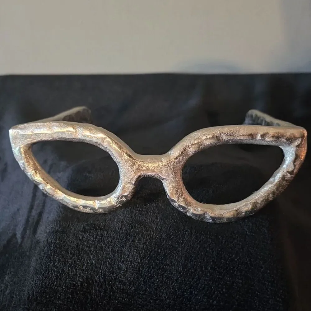 Decorative Silver Tone Eyeglasses Sculpture Metal Art Figurine Distressed
